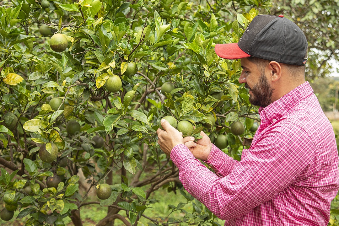 Homem jovem agricultor segurando fruta