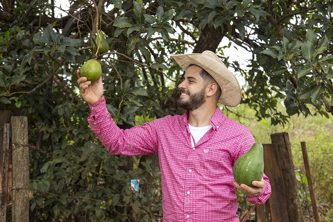 Homem jovem agricultor sobre fazenda segurando fruta pera