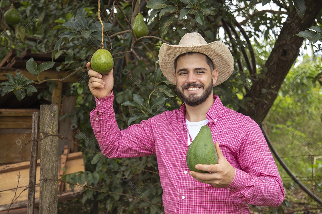 Homem jovem agricultor sobre fazenda segurando fruta pera