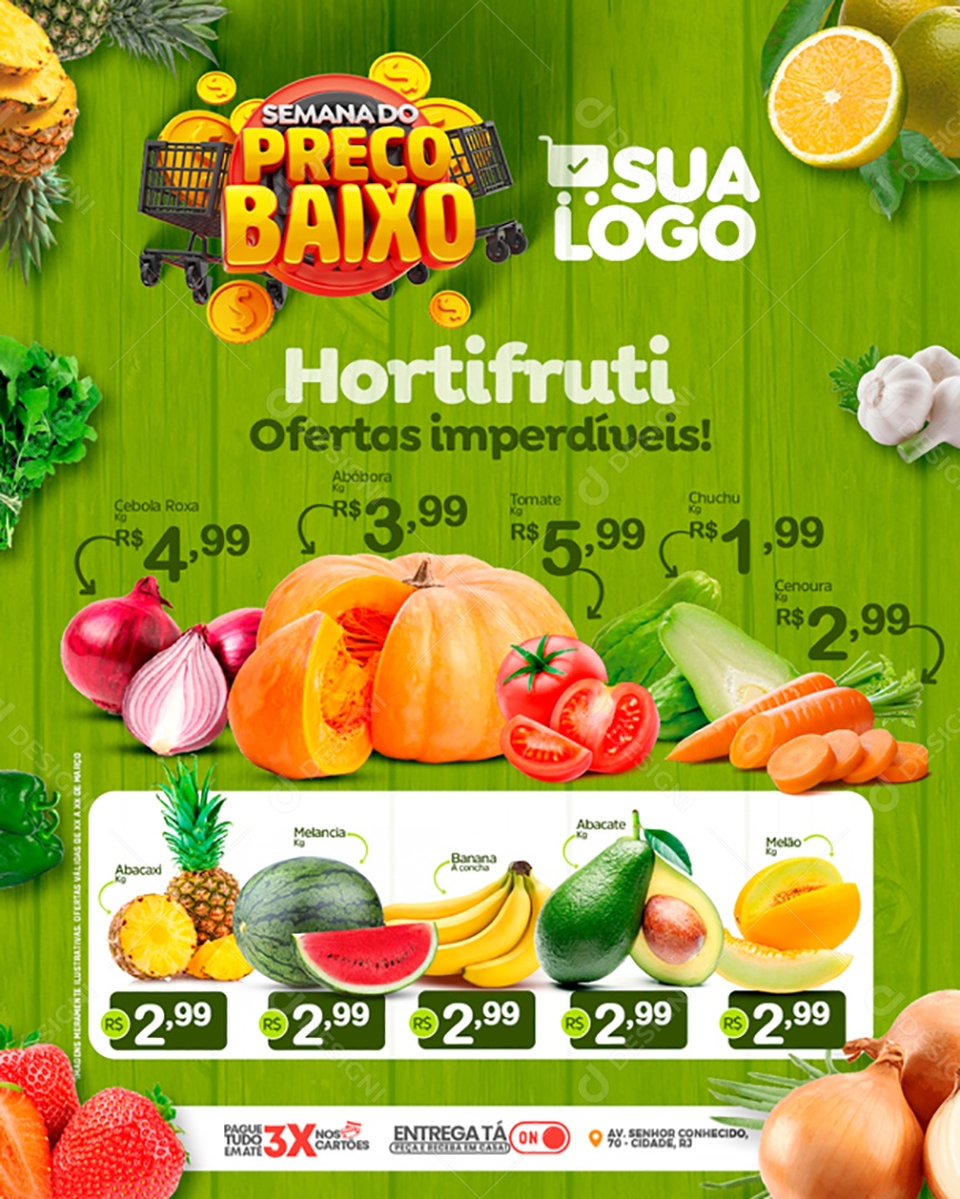 Encarte Semana do Preço Baixo Hortifruti Ofertas Imperdíveis Social Media PSD Editável