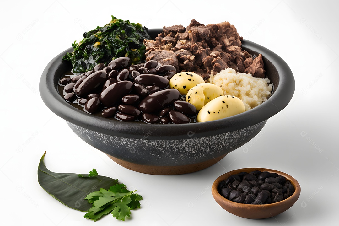 Vasilha Com Feijoada E Acompanhamentos Arroz Calabresa Bacon e Ovos Conzidos Sobre A Mesa