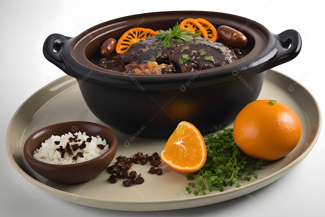 Vasilha Com Feijoada E Acompanhamentos Arroz Calabresa Bacon Sobre A Mesa