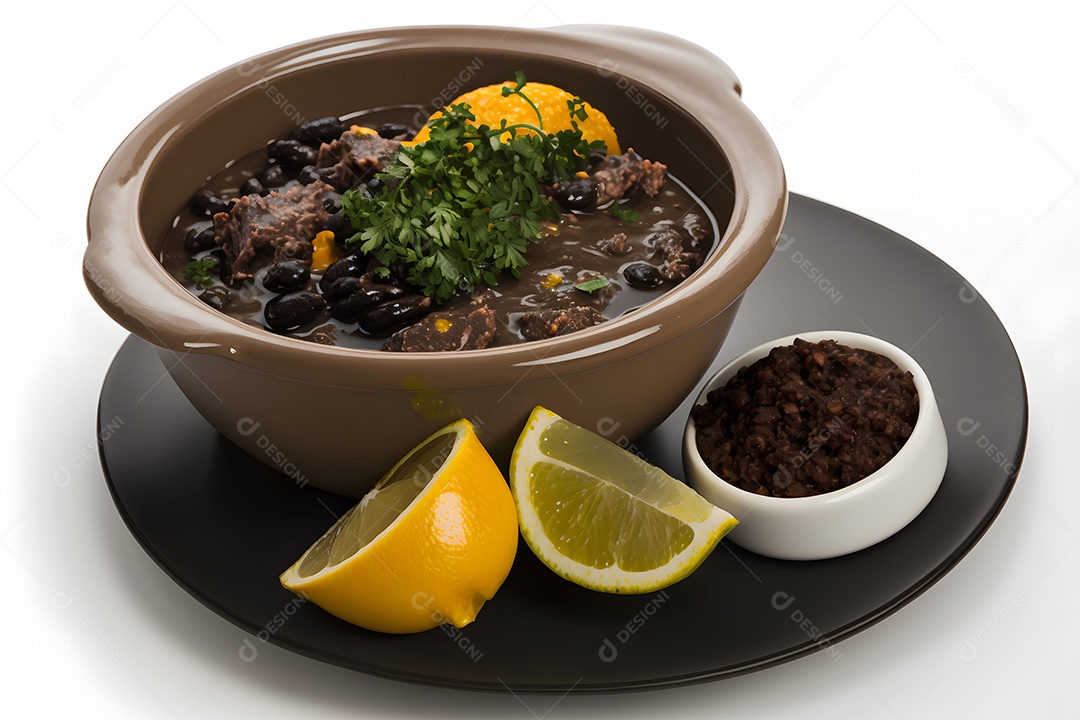 Vasilha Com Feijoada E Acompanhamentos Arroz Calabresa Bacon Sobre A Mesa