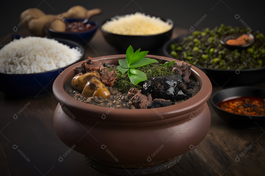 Vasilha Com Feijoada E Acompanhamentos Arroz Calabresa Bacon Sobre A Mesa