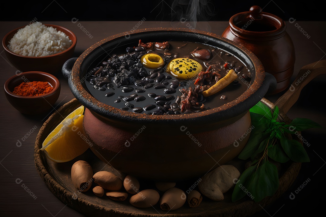 Vasilha Com Feijoada E Acompanhamentos Arroz Calabresa Bacon Sobre A Mesa