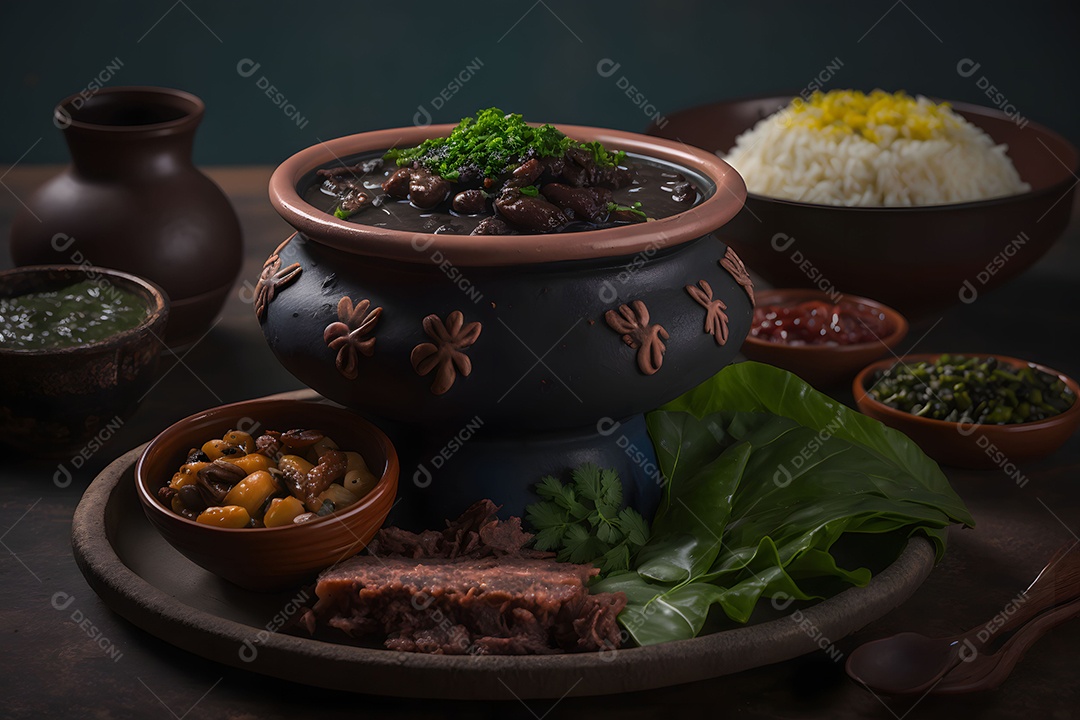 Vasilha Com Feijoada E Acompanhamentos Arroz Calabresa Bacon Sobre A Mesa