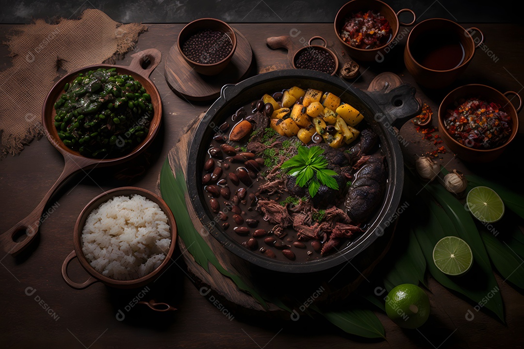 Vasilha Com Feijoada E Acompanhamentos Arroz Calabresa Bacon Sobre A Mesa