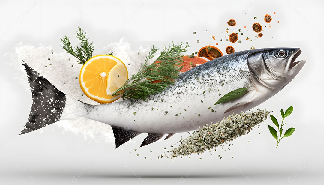 Peixe Fresco E Temperos Voando Realista Imagem Inteligência Artificial