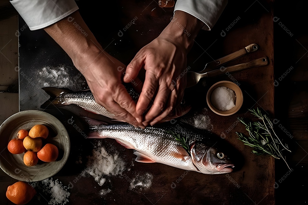 Mãos De Chef Com Peixe Imagem Inteligência Artificial
