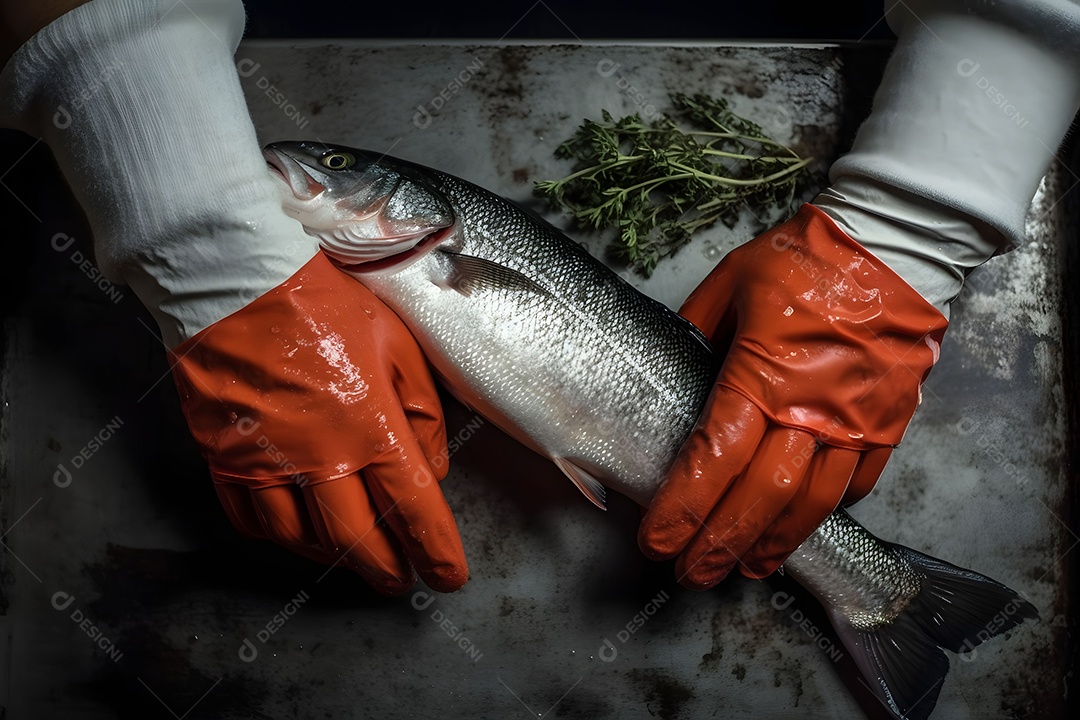 Mãos De Chef Com Peixe Imagem Inteligência Artificial