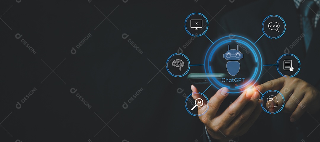 empresário usando telefone inteligente conversando com uma IA inteligente ou inteligência artificial.