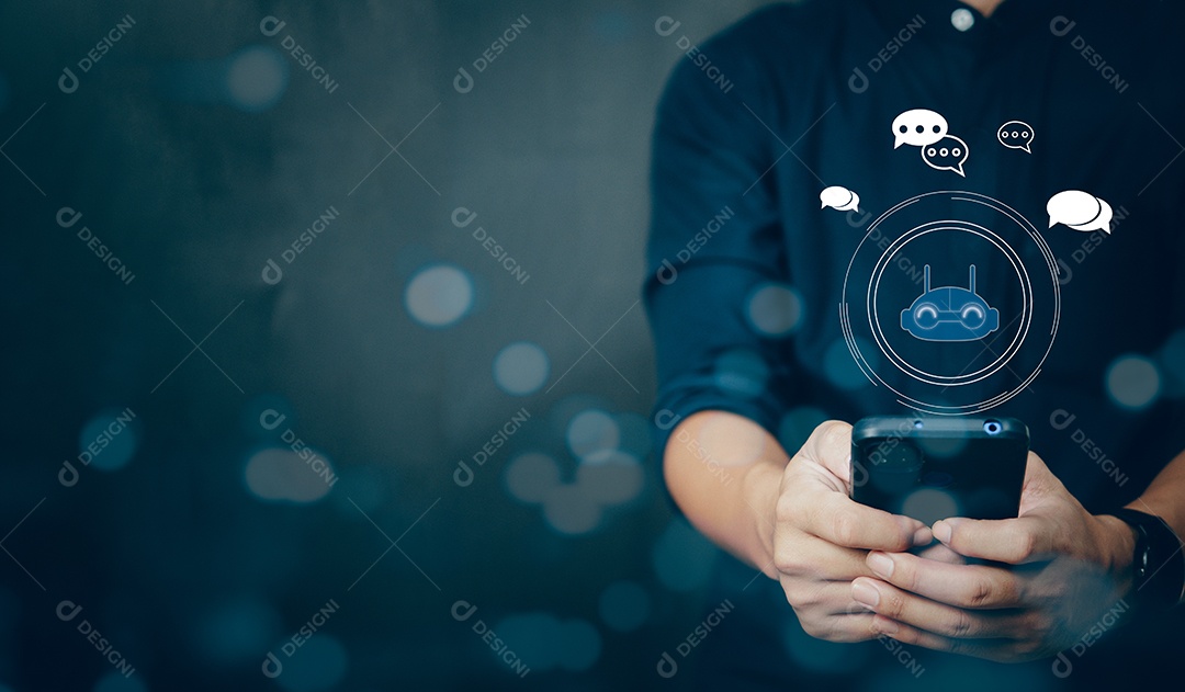 empresário usando telefone inteligente conversando com uma IA inteligente ou inteligência artificial. Conceito de informação de robô de tecnologia digital