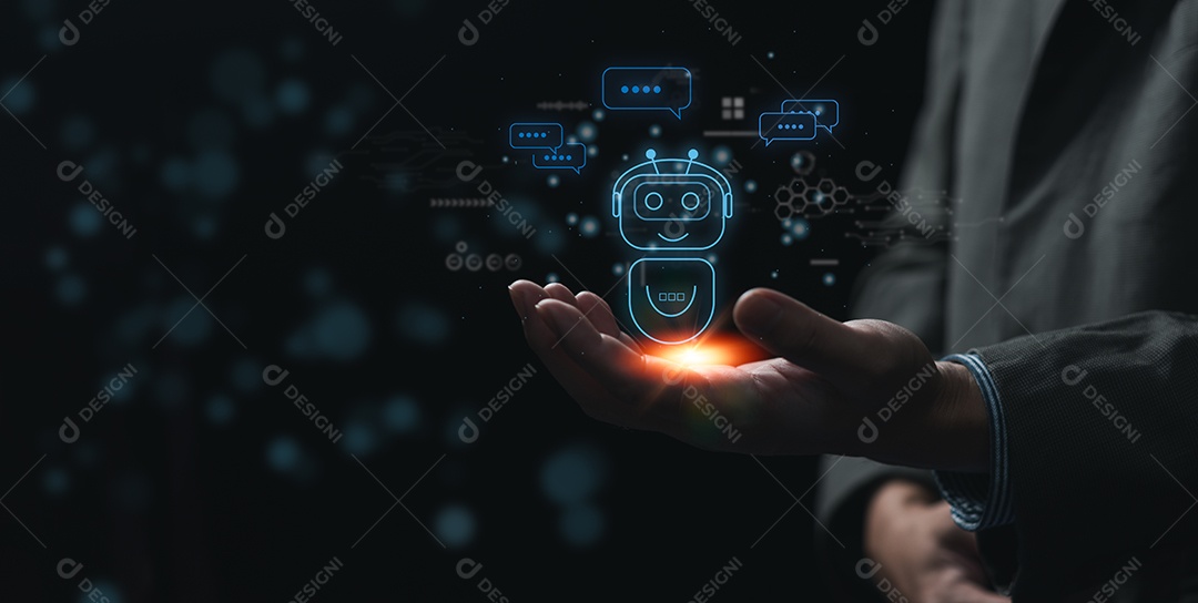 Empresário segurando um holograma de inteligência AI de chatbot leve. Chatbot digital, chatGPT, aplicativo de robô.