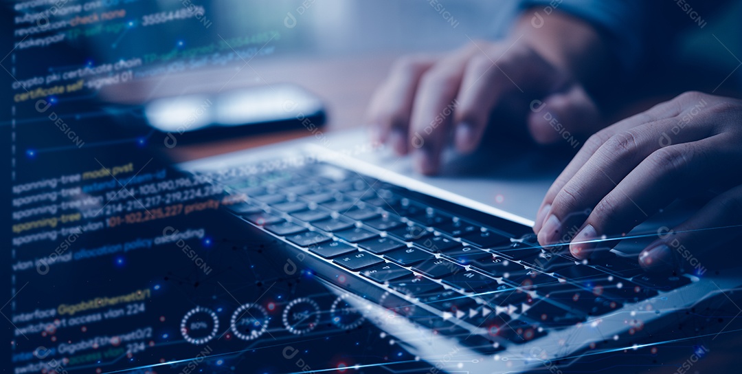 Tecnologia digital, programador de codificação e segurança cibernética, desenvolvimento de software, javascript em tela virtual, internet das coisas IoT.