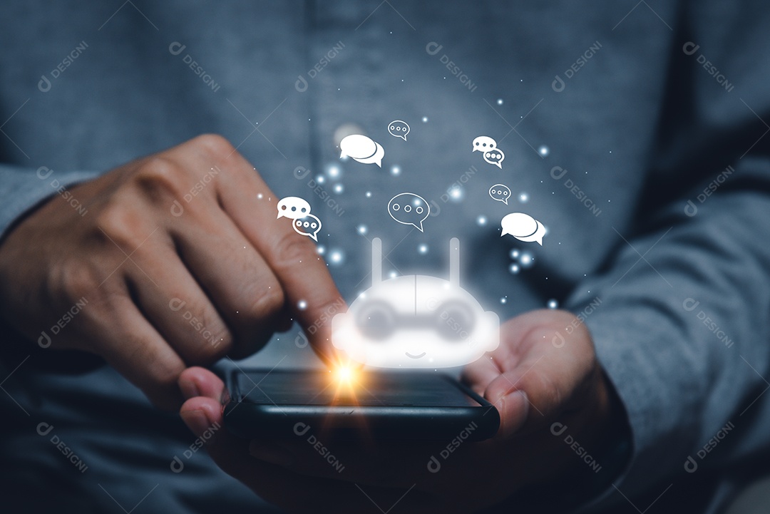 empresário usando telefone inteligente conversando com uma IA inteligente ou inteligência artificial.