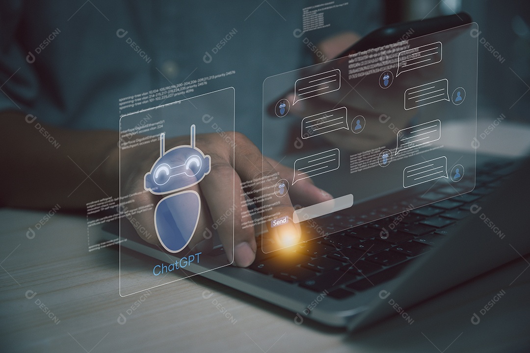 empresário usando laptop conversando com uma IA inteligente ou inteligência artificial. Conceito de informação de robô de tecnologia digital.