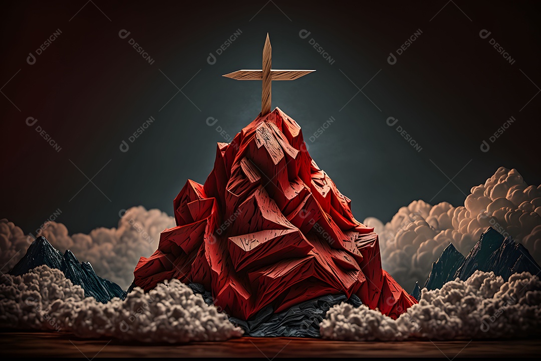 Pico De Montanha De Imagem Nas Nuvens Com Uma Cruz