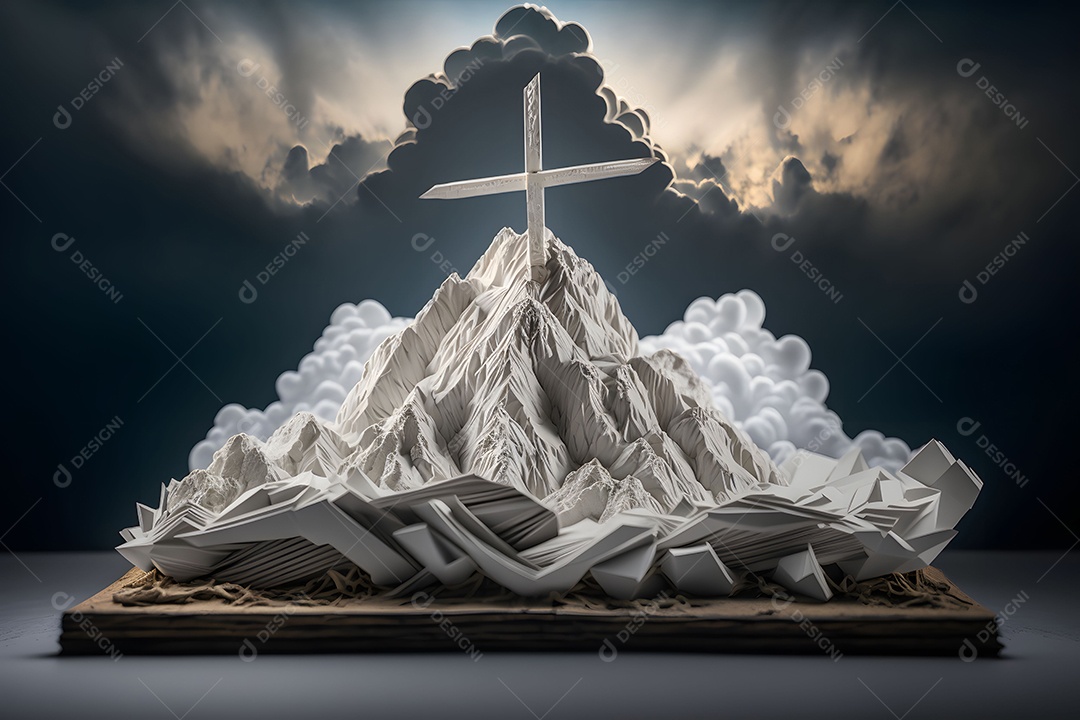 Pico De Montanha De Imagem Nas Nuvens Com Uma Cruz