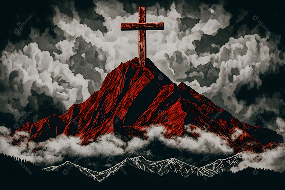Pico De Montanha De Imagem Nas Nuvens Com Uma Cruz