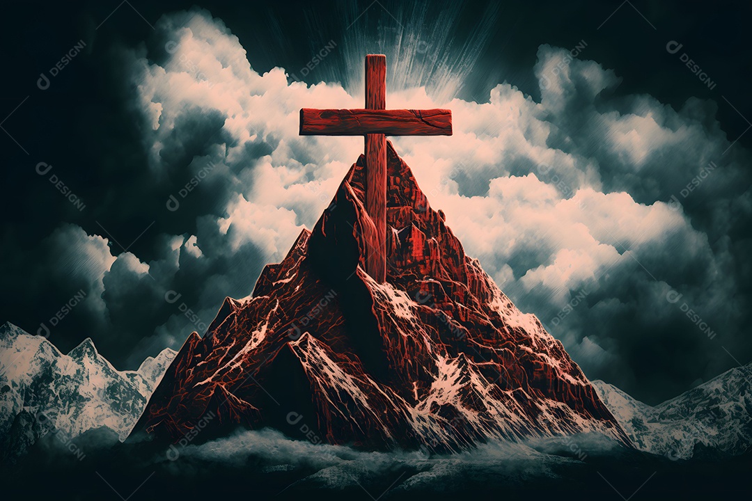 Pico De Montanha De Imagem Nas Nuvens Com Uma Cruz
