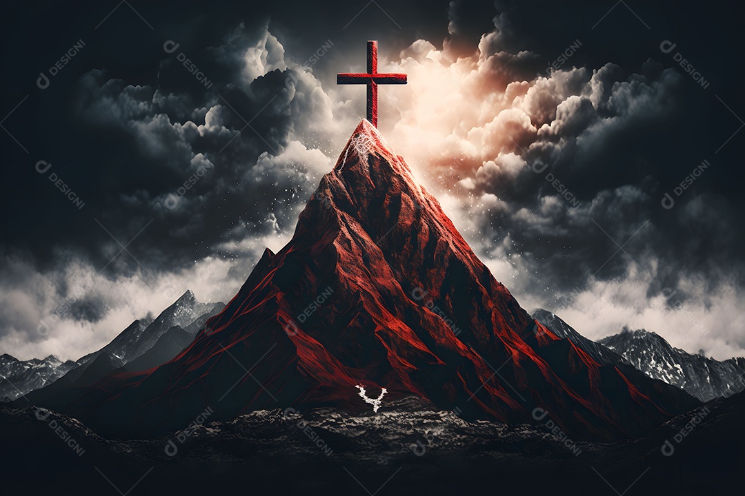 Pico De Montanha De Imagem Nas Nuvens Com Uma Cruz