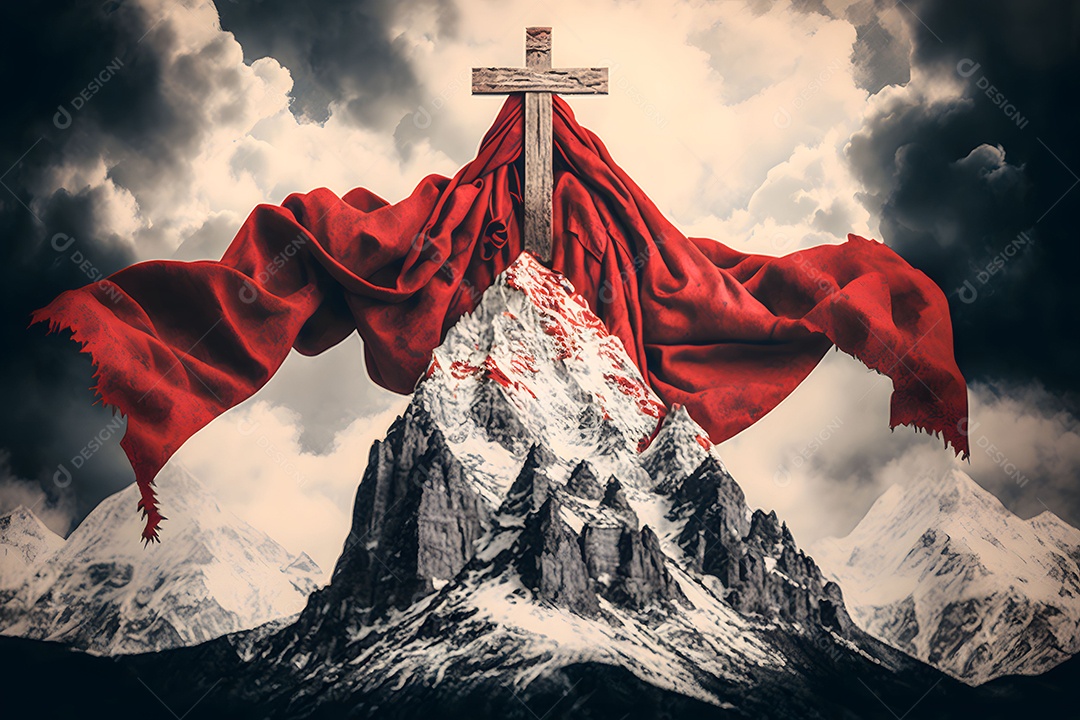 Pico De Montanha De Imagem Nas Nuvens Com Uma Cruz e Véu