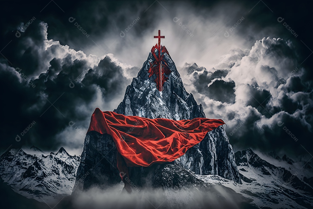 Pico De Montanha De Imagem Nas Nuvens Com Uma Cruz e Véu