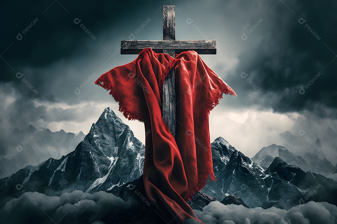 Pico De Montanha De Imagem Nas Nuvens Com Uma Cruz e Véu