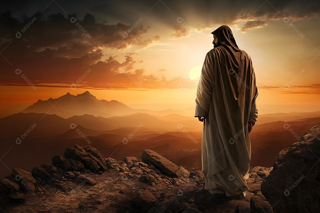 Jesus Cristo Nas Colinas Na Montanha Do Pôr Do Sol