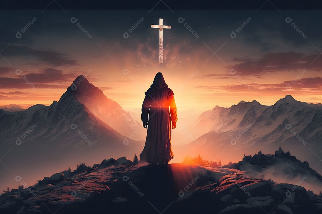Jesus Cristo Nas Colinas Na Montanha Do Pôr Do Sol