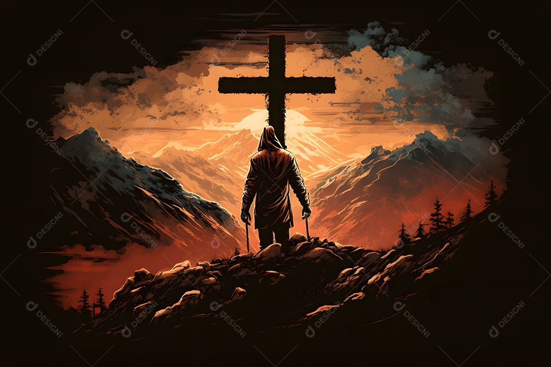 Jesus Cristo Nas Colinas Na Montanha Do Pôr Do Sol