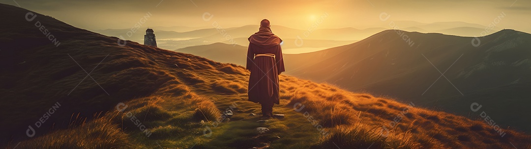 Jesus Cristo Nas Colinas Na Montanha Do Pôr Do Sol