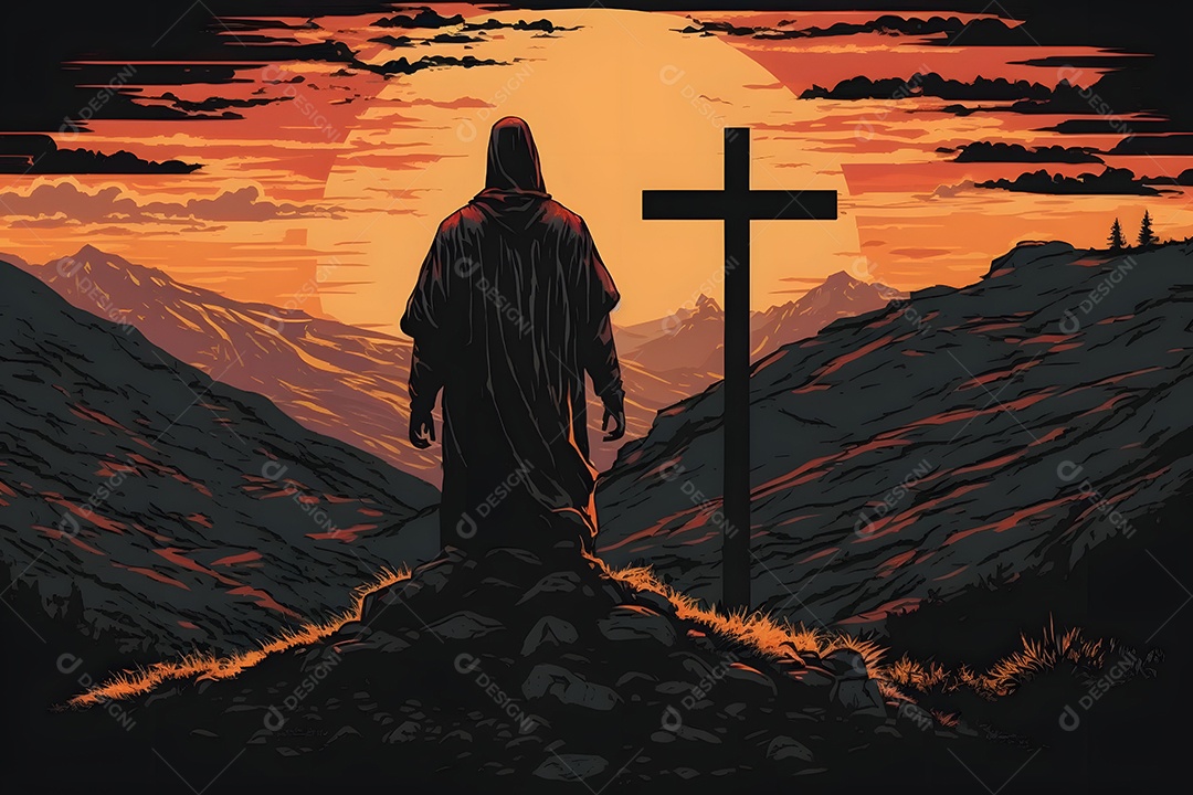 Jesus Cristo Nas Colinas Na Montanha Do Pôr Do Sol