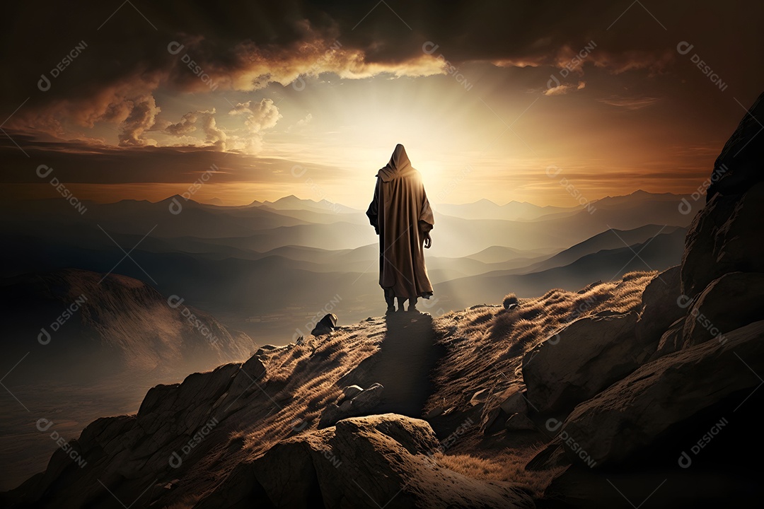 Jesus Cristo Nas Colinas Na Montanha Do Pôr Do Sol