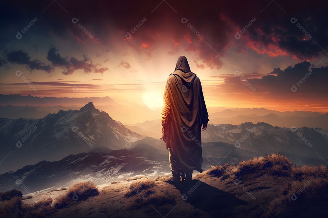 Jesus Cristo Nas Colinas Na Montanha Do Pôr Do Sol