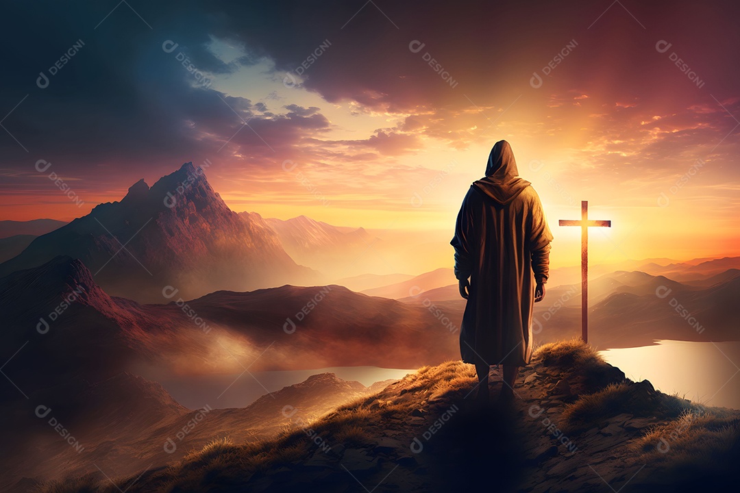 Jesus Cristo Nas Colinas Na Montanha Do Pôr Do Sol