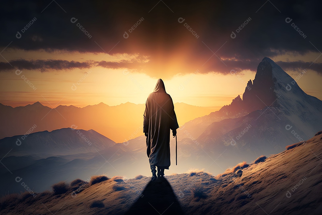 Jesus Cristo Nas Colinas Na Montanha Do Pôr Do Sol