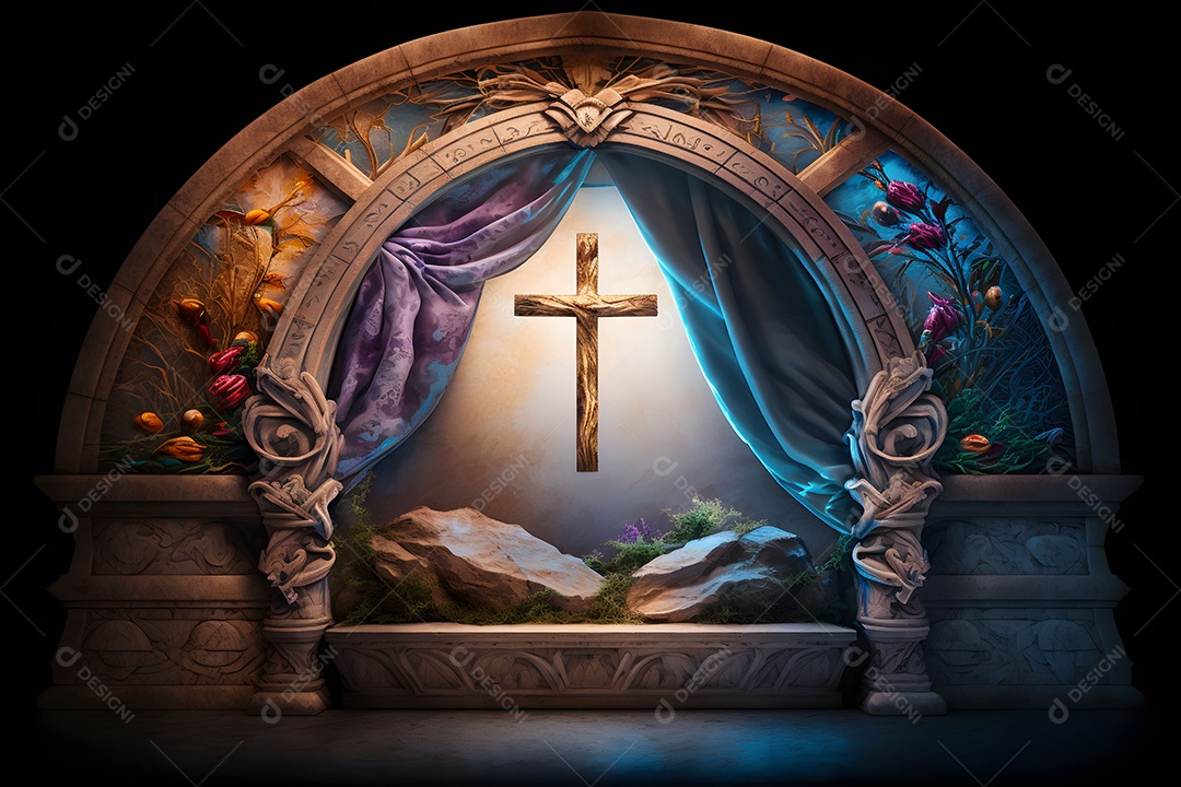 Palco Estilo Vitral Cruz e Ressurreição Imagem Inteligência Artificial