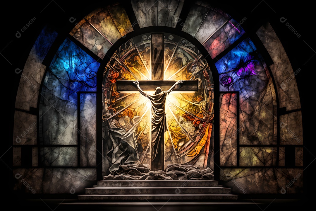 Palco Estilo Vitral Cruz e Ressurreição Imagem Inteligência Artificial