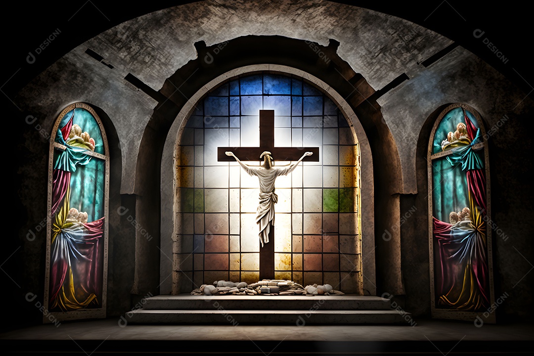 Palco Estilo Vitral Cruz e Ressurreição Imagem Inteligência Artificial