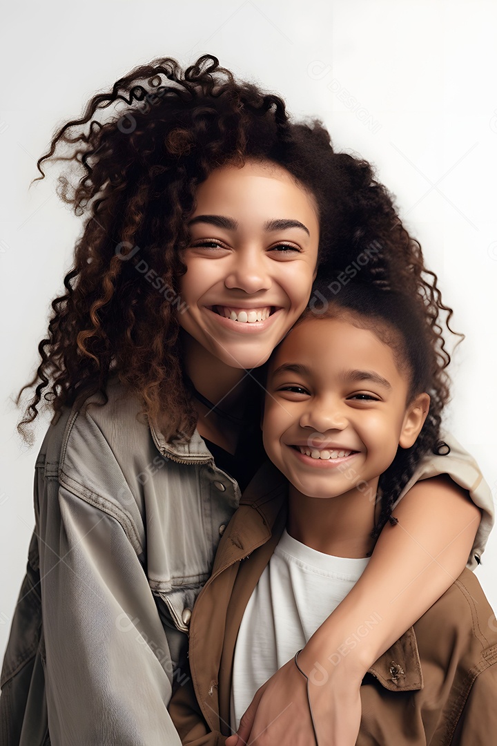 Filha Negra Abraçando Sua Mãe Feliz e Alegre Em Fundo Branco
