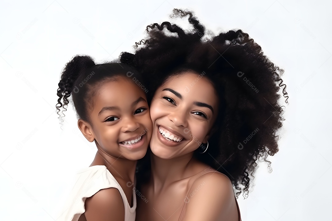 Filha Negra Abraçando Sua Mãe Feliz e Alegre Em Fundo Branco