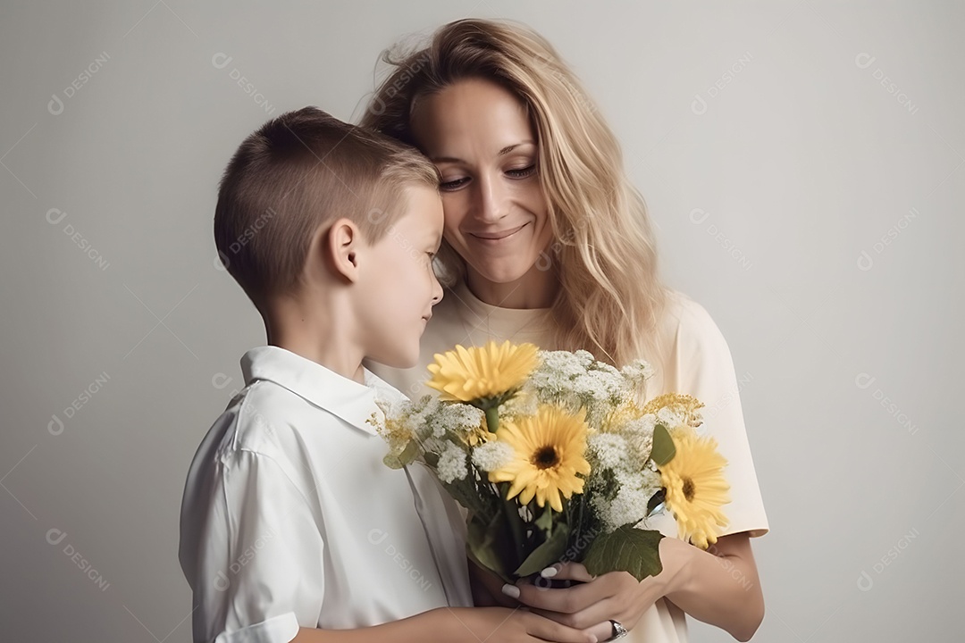 Mãe Beija Filho Enquanto Recebe Flores Dele Em Fundo Cinza