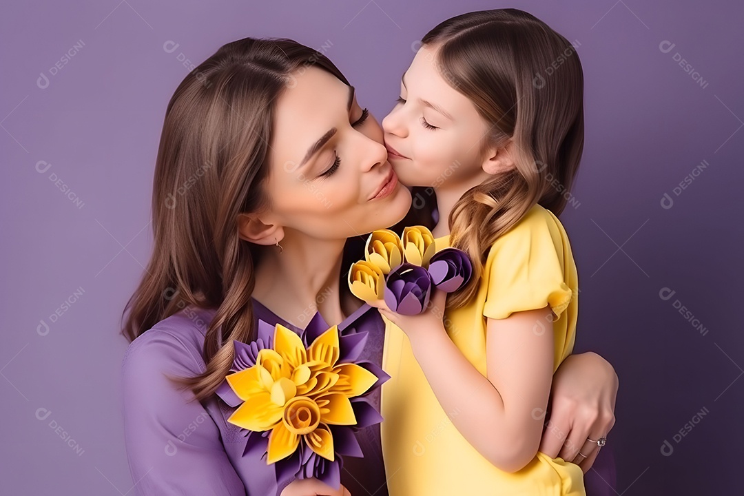 Mãe Beija Filha Enquanto Ela Recebe Flores Dela Em Fundo Roxo