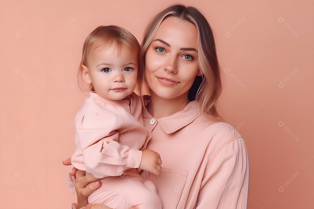 Mãe Com Roupa Fofa E Sua Filha Em Fundo Rosa Imagem Inteligência Artificial