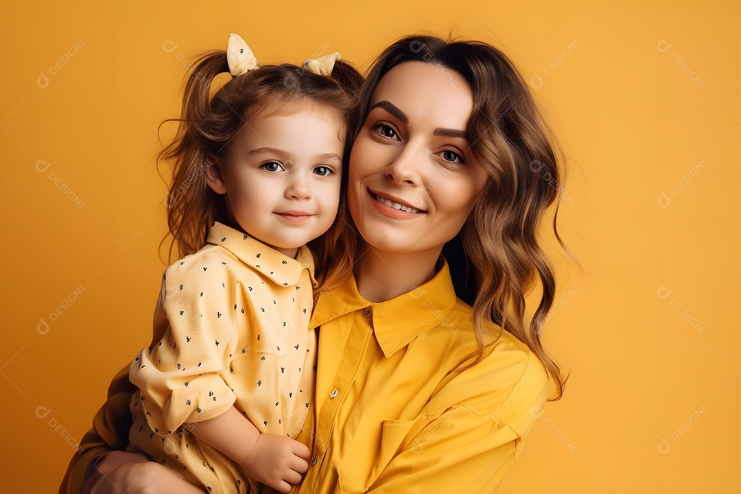 Mãe Com Roupa Fofa E Sua Filha Em Fundo Amarelo