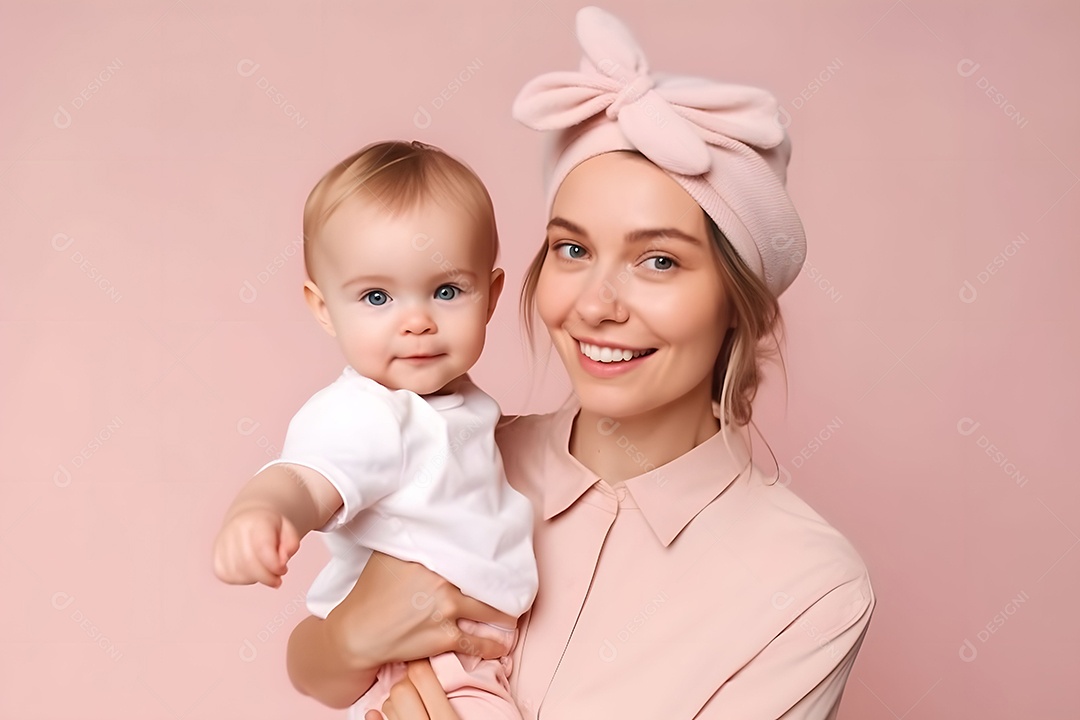 Mãe Com Roupa Fofa E Sua Filha Em Fundo Rosa