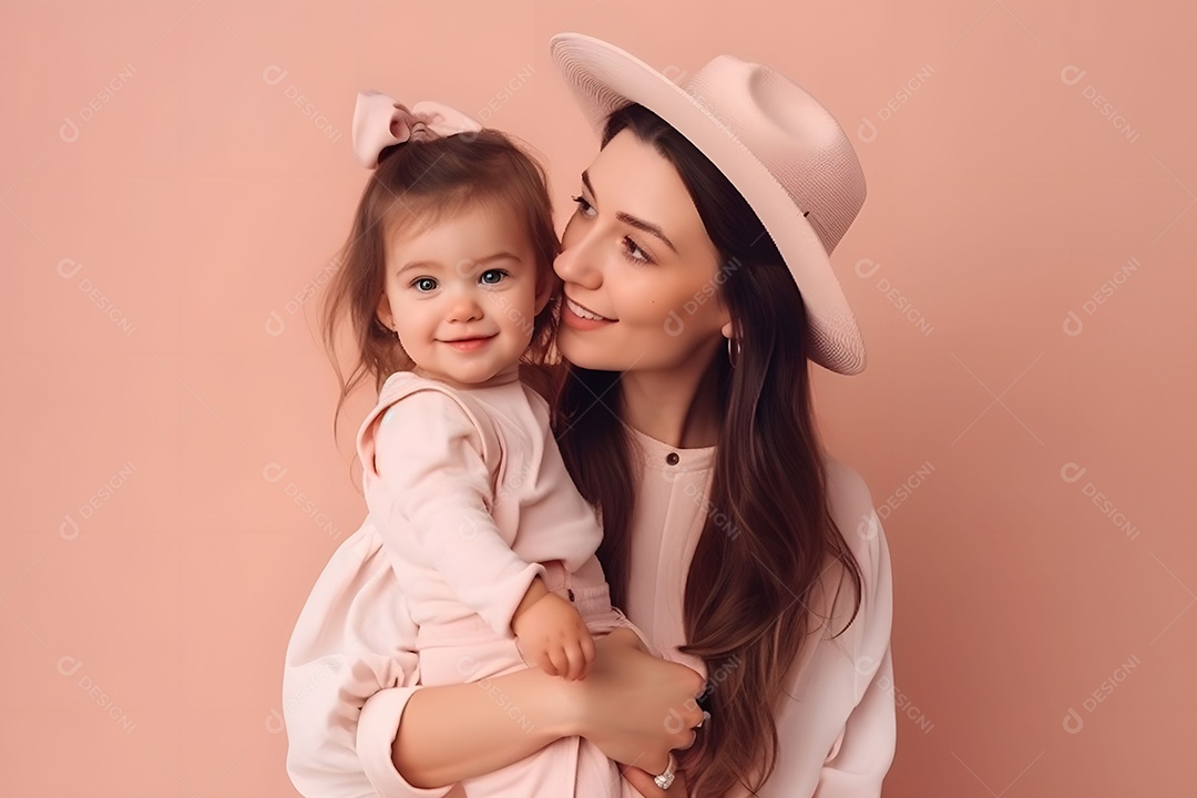 Mãe Com Roupa Fofa E Sua Filha Em Fundo Rosa