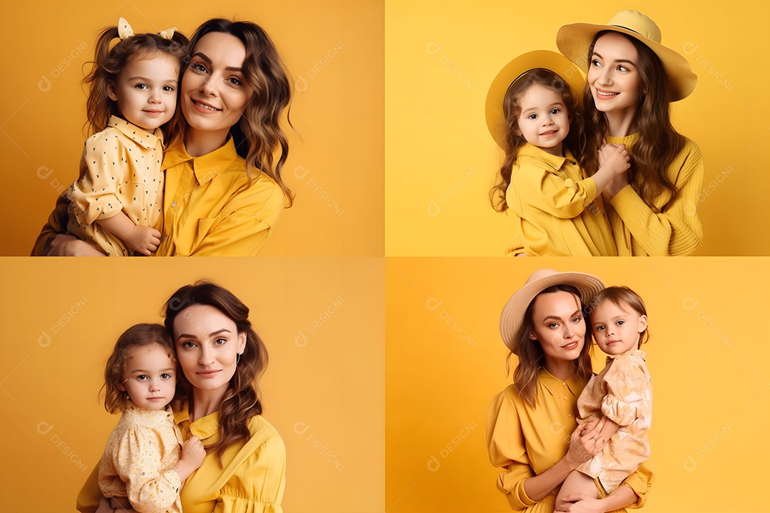 Mãe Com Roupas Fofas E Sua Filha Em Fundo Amarelo