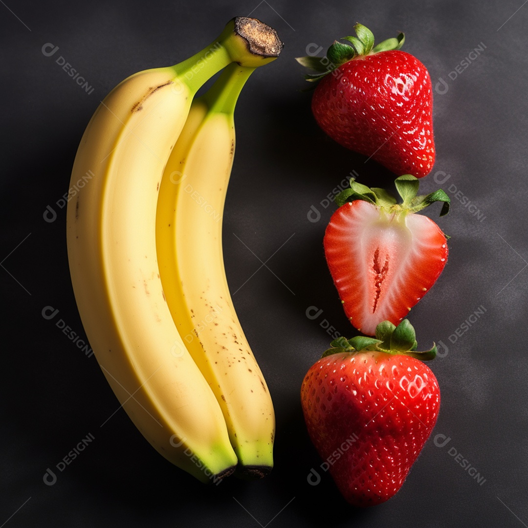 Banana e morango sobre fundo isolado
